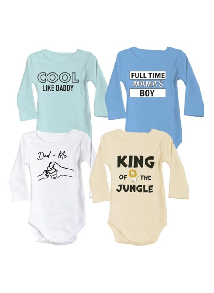 Baby Romper Set for Boys - Pack of 4 Long Sleeve Cotton Rompers - Cute Outfits for Newborns and Toddlers with Snap Closure - Gift for Baby Boys