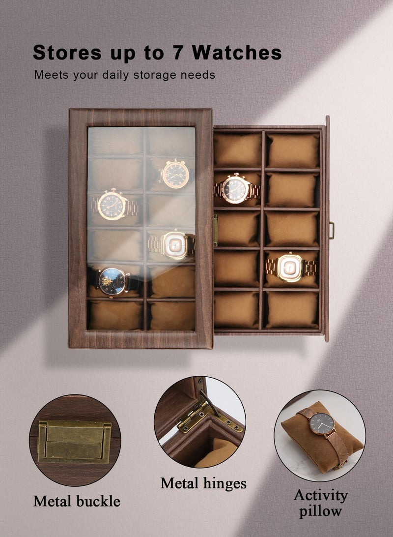 Watch Box Organizer for Men, 20 Slot Watch Display Case with Drawer, Mens Watch Box Watch Case Holder, 20 Watch Box Double-layer Watch Storage Case with Glass Lid -Brown