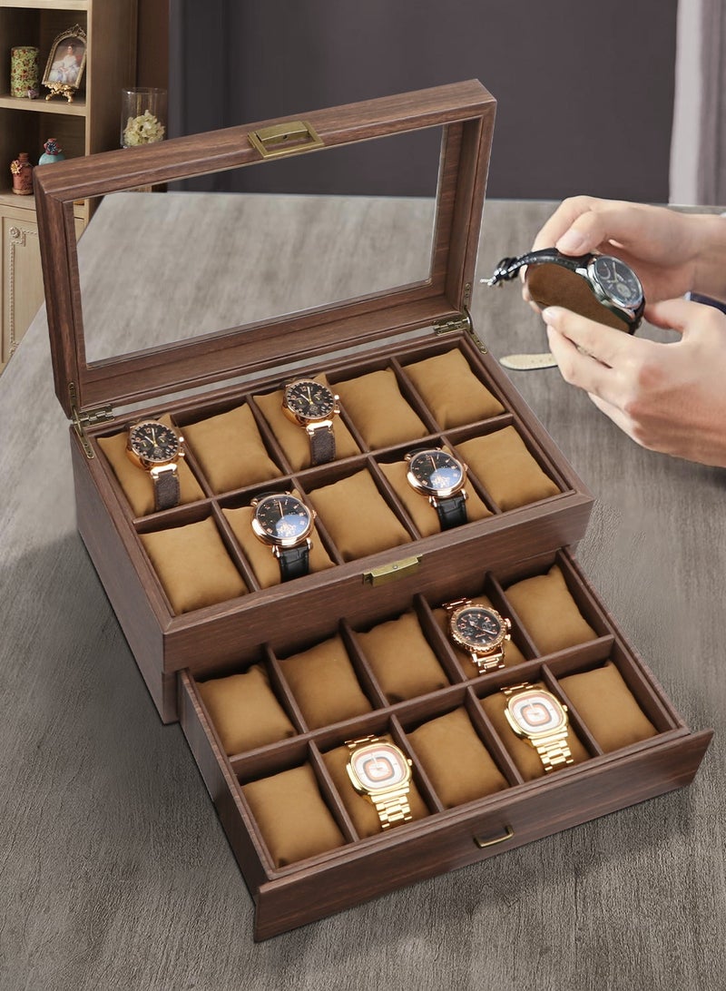 Watch Box Organizer for Men, 20 Slot Watch Display Case with Drawer, Mens Watch Box Watch Case Holder, 20 Watch Box Double-layer Watch Storage Case with Glass Lid -Brown