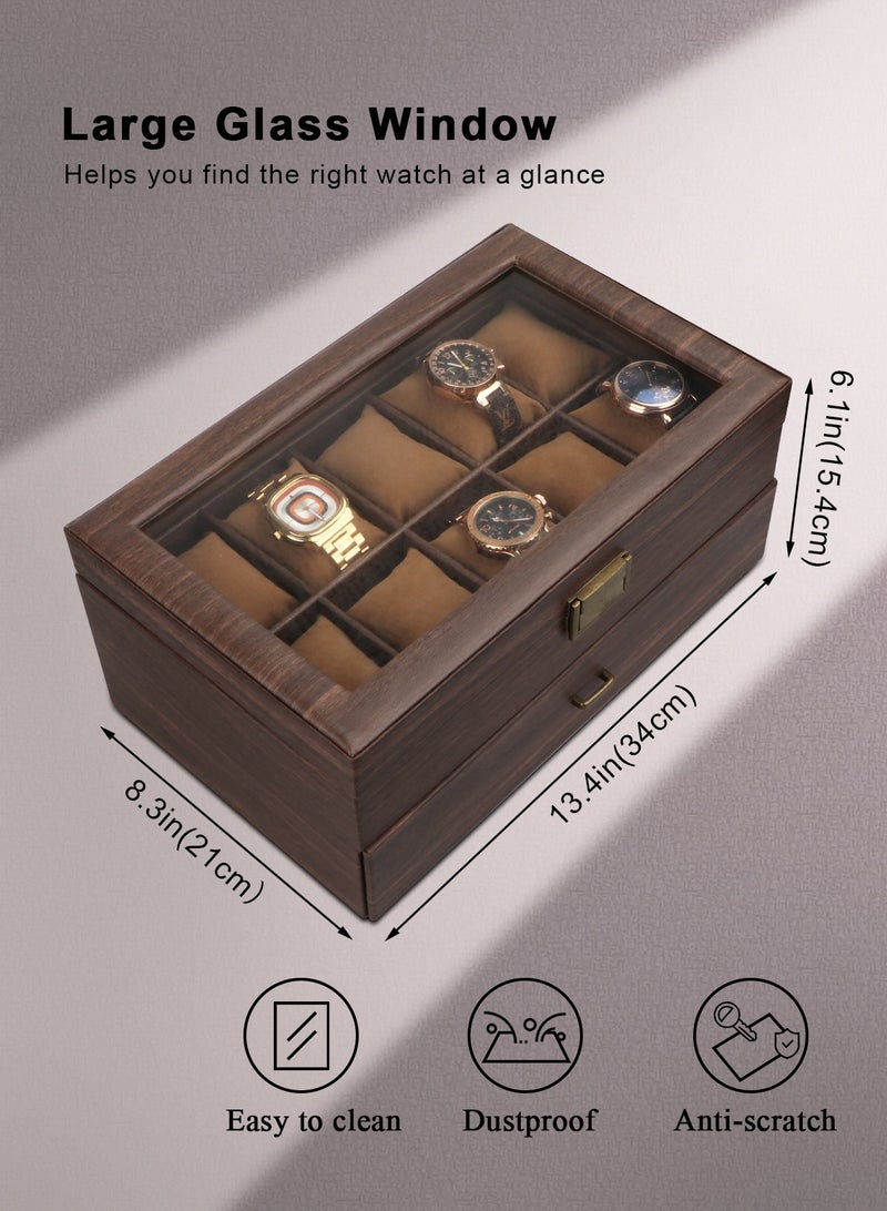 Watch Box Organizer for Men, 20 Slot Watch Display Case with Drawer, Mens Watch Box Watch Case Holder, 20 Watch Box Double-layer Watch Storage Case with Glass Lid -Brown