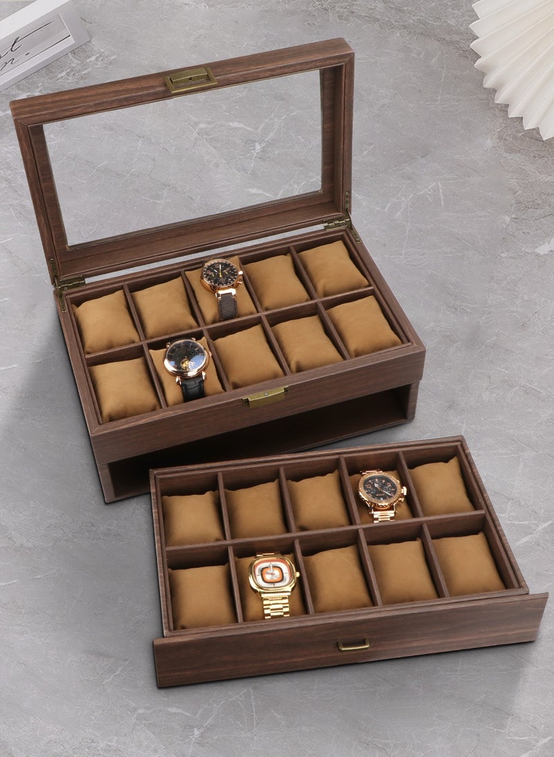 Watch Box Organizer for Men, 20 Slot Watch Display Case with Drawer, Mens Watch Box Watch Case Holder, 20 Watch Box Double-layer Watch Storage Case with Glass Lid -Brown