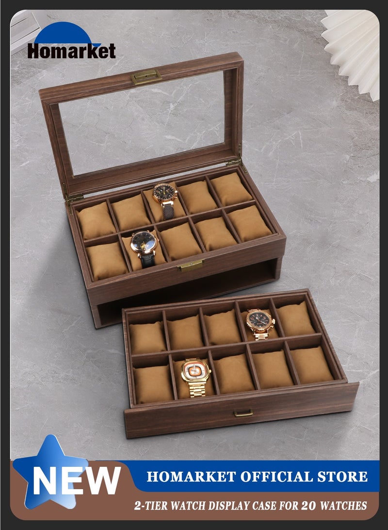 Watch Box Organizer for Men, 20 Slot Watch Display Case with Drawer, Mens Watch Box Watch Case Holder, 20 Watch Box Double-layer Watch Storage Case with Glass Lid -Brown