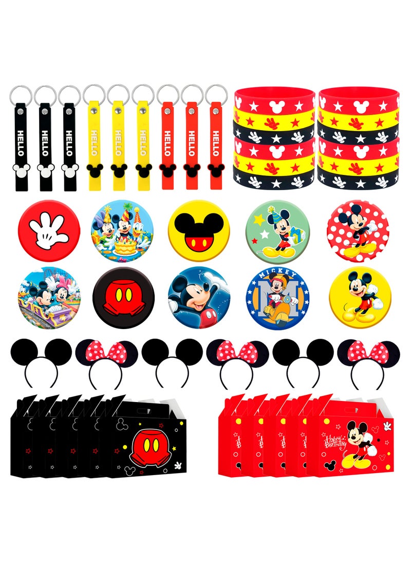 Mickey Mouse Party Favors, All-in-One Mickey Party Favors Packs - Mickey Mouse Ears Headband & Cartoon Mickey Mouse Treat Box & Mickey Party Silicone Bracelet Keychains Button Pin etc Mickey Mouse Party Supplies for Kids