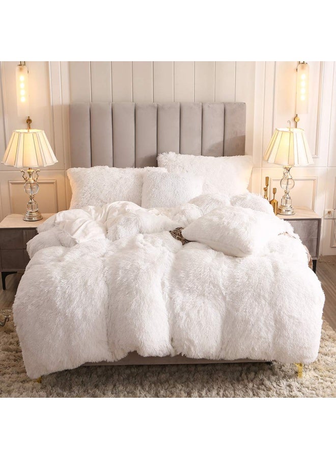 Faux Fur Velvet Fluffy Bedding Duvet Cover Set Down Comforter Quilt Cover With Pillow Shams Ultra Soft Warm And Durable White King