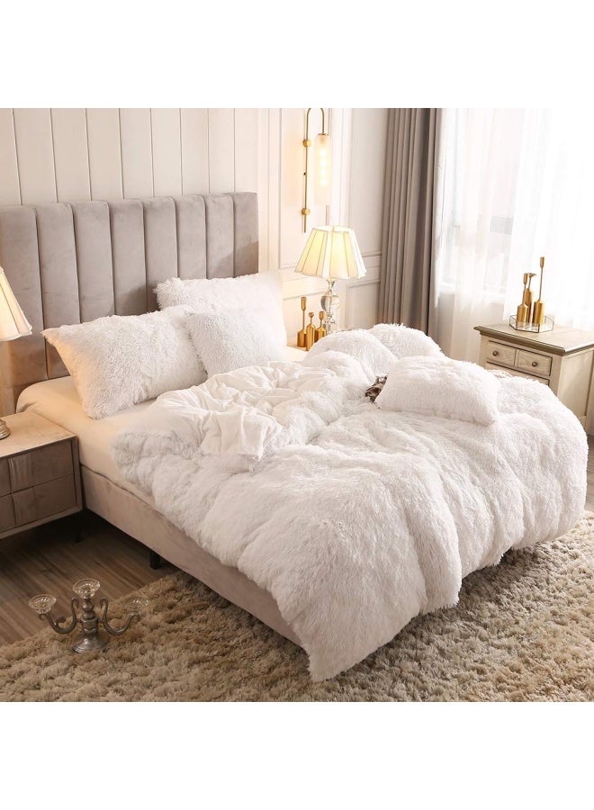 Faux Fur Velvet Fluffy Bedding Duvet Cover Set Down Comforter Quilt Cover With Pillow Shams Ultra Soft Warm And Durable White King