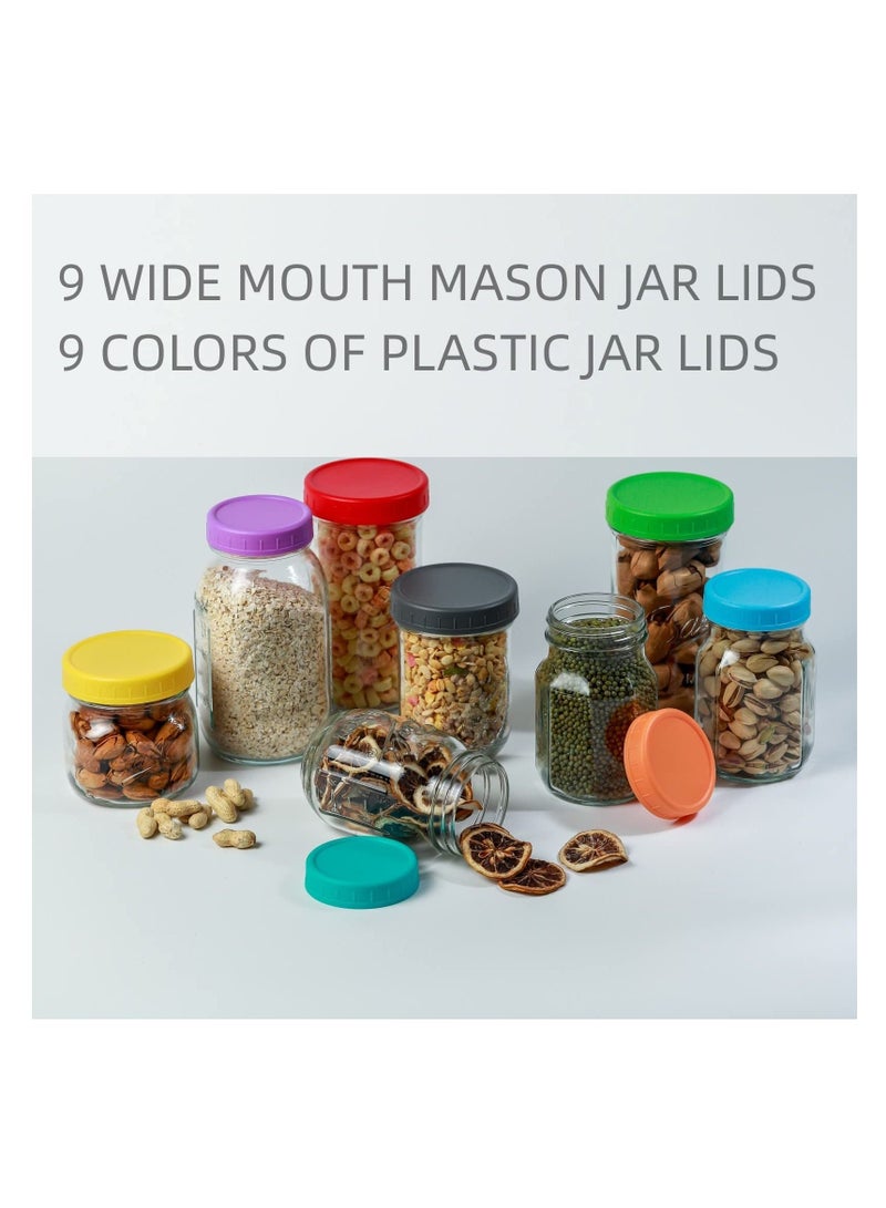 9 Wide Mouth Ma son Jar Lids with Silicone Ring,Thickened Leak-proof Lids Fit Ball,Kerr and More,9 Color Plastic Lids,Colored Plastic Storage Caps 86mm Plastic Mas on Jar Lid for Canning Jars