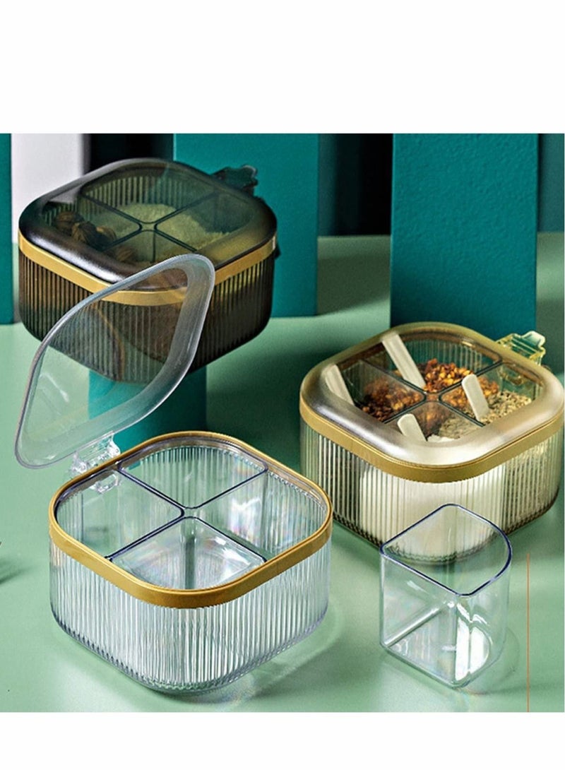 4 Compartments Seasoning Box With Lid,Clear Seasoning Storage Box Container,Seasoning Box with Cover and Serving Spoons,Kitchen Condiment Jars,Plastic Seasoning Box Set(Yellow)