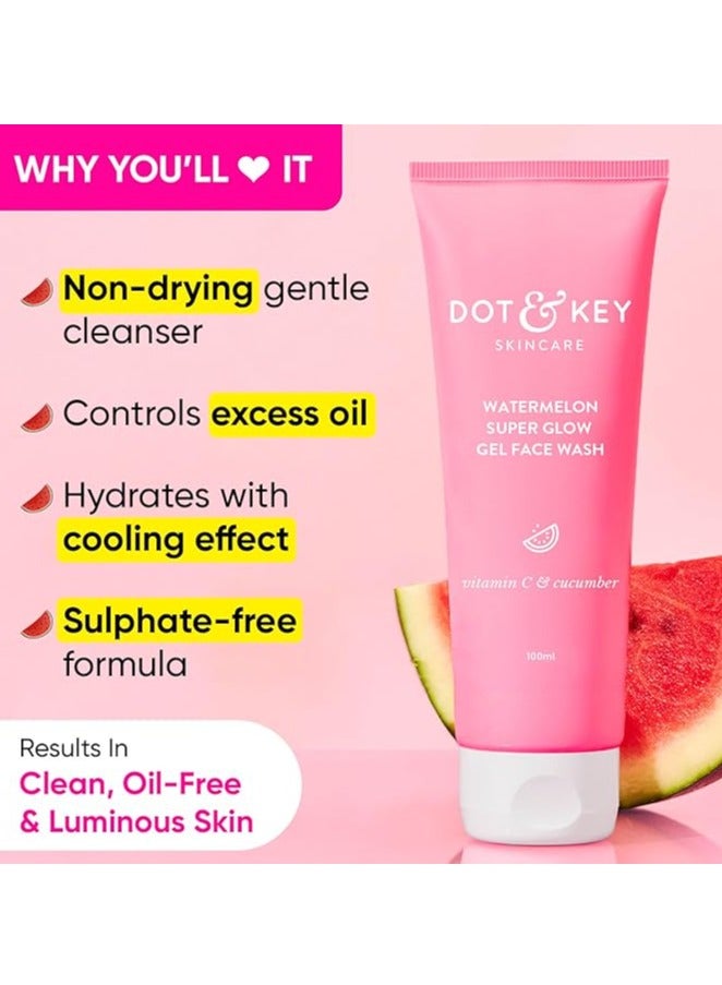 Dot & Key Watermelon Super Glow Gel Face Wash with Vitamin C & Cucumber | Face Wash for Glowing Skin, Pigmentation and Dark Spot Reduction Normal, Combination & Oily Skin (200ml) | Pack of 2