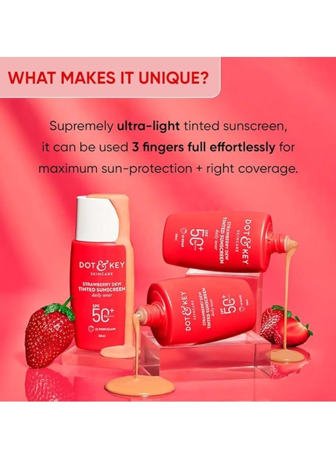 Strawberry Dew Tinted Sunscreen SPF 50+ Pa++++ - 01 Porcelain | Protection Against UA/UB | Broad Spectrum, Water & Sweat resistant | For All Skin Types | 50ml