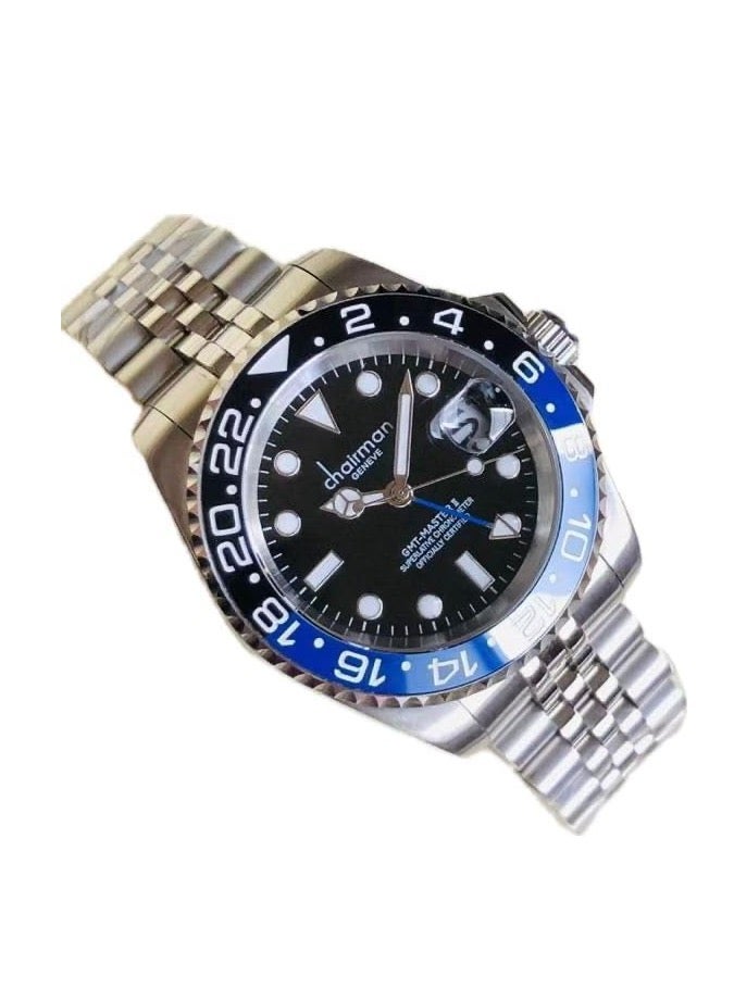 Men's Stainless Steel Wrist Watch, 40mm, Water Resistant, Black/Blue Bezel and Black Dial with Date