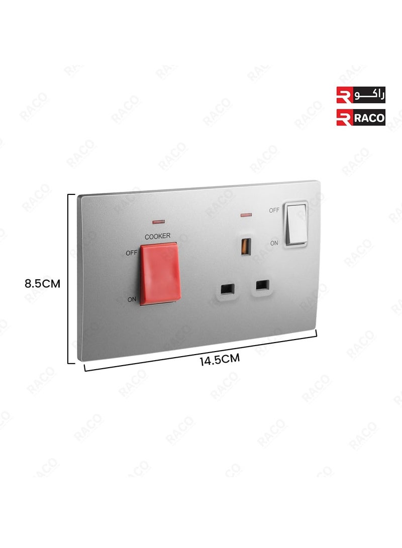 RACO Legrand Mallia Senses 2-Gang Cooker Unit Control - 45A Double Pole Switch and 13A Switched Socket with indicator, Dark Silver