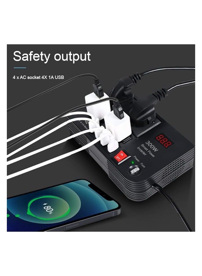 Car Laptop Charger, 300W Car Inverter DC 12V to AC 220V with 4 USB Ports Fast Charging 2 Universal Sockets with Multifunctional LED Display, Universal Laptop Charger for car with Extra Fuse
