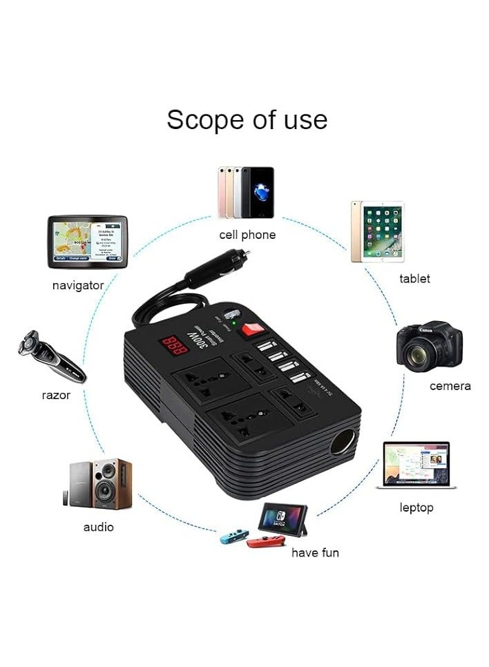 Car Laptop Charger, 300W Car Inverter DC 12V to AC 220V with 4 USB Ports Fast Charging 2 Universal Sockets with Multifunctional LED Display, Universal Laptop Charger for car with Extra Fuse