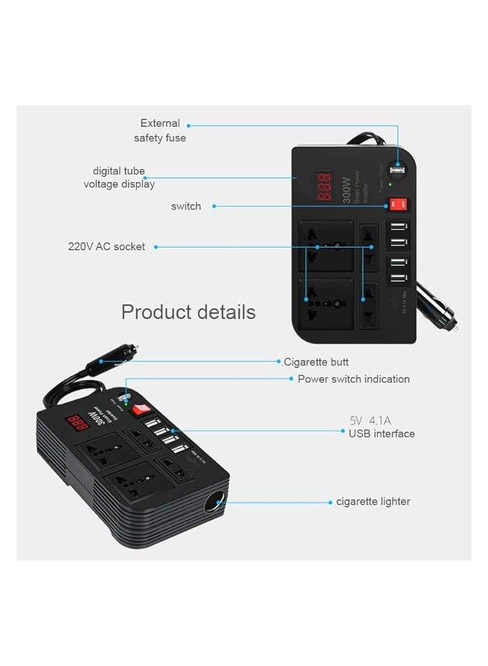 Car Laptop Charger, 300W Car Inverter DC 12V to AC 220V with 4 USB Ports Fast Charging 2 Universal Sockets with Multifunctional LED Display, Universal Laptop Charger for car with Extra Fuse