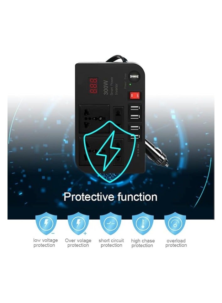 Car Laptop Charger, 300W Car Inverter DC 12V to AC 220V with 4 USB Ports Fast Charging 2 Universal Sockets with Multifunctional LED Display, Universal Laptop Charger for car with Extra Fuse