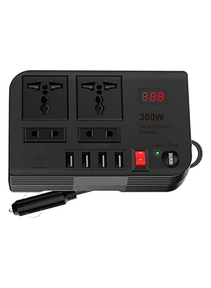 Car Laptop Charger, 300W Car Inverter DC 12V to AC 220V with 4 USB Ports Fast Charging 2 Universal Sockets with Multifunctional LED Display, Universal Laptop Charger for car with Extra Fuse