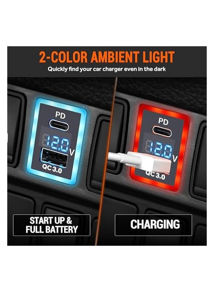 PD+QC3.0 Dual USB Car Charger Fit for Toyota, Type C USB Port Socket Fast Charging with LED Voltage Display & Frame Light, Car Power Socket Fit for Cellphone PDA Laptop GPS (1.3''×0.9'')