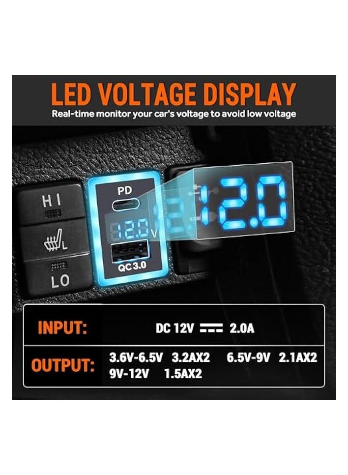 PD+QC3.0 Dual USB Car Charger Fit for Toyota, Type C USB Port Socket Fast Charging with LED Voltage Display & Frame Light, Car Power Socket Fit for Cellphone PDA Laptop GPS (1.3''×0.9'')