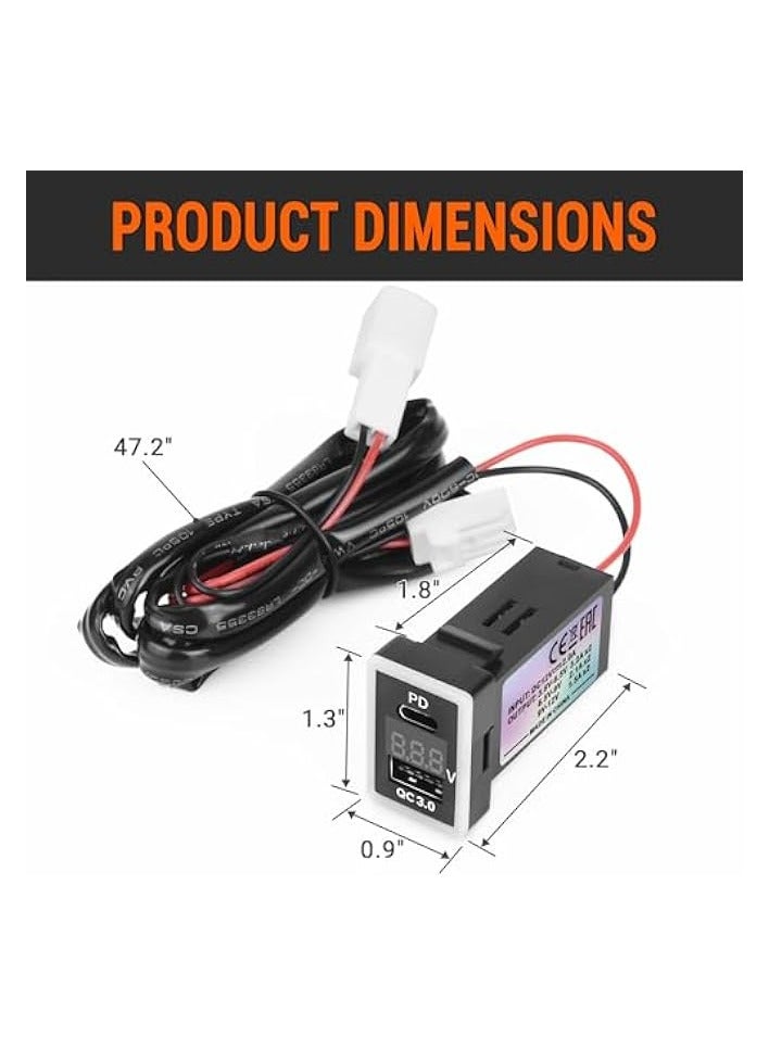 PD+QC3.0 Dual USB Car Charger Fit for Toyota, Type C USB Port Socket Fast Charging with LED Voltage Display & Frame Light, Car Power Socket Fit for Cellphone PDA Laptop GPS (1.3''×0.9'')