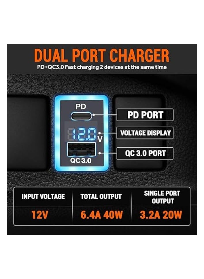 PD+QC3.0 Dual USB Car Charger Fit for Toyota, Type C USB Port Socket Fast Charging with LED Voltage Display & Frame Light, Car Power Socket Fit for Cellphone PDA Laptop GPS (1.3''×0.9'')