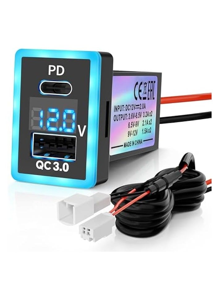 PD+QC3.0 Dual USB Car Charger Fit for Toyota, Type C USB Port Socket Fast Charging with LED Voltage Display & Frame Light, Car Power Socket Fit for Cellphone PDA Laptop GPS (1.3''×0.9'')