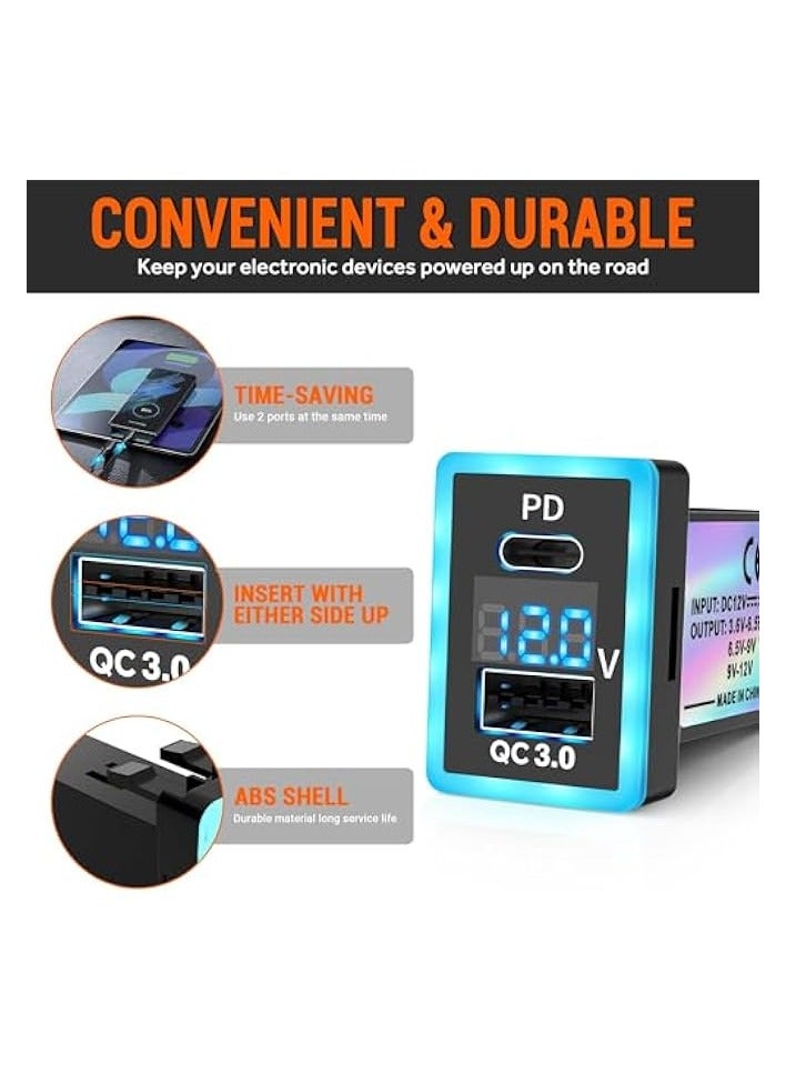 PD+QC3.0 Dual USB Car Charger Fit for Toyota, Type C USB Port Socket Fast Charging with LED Voltage Display & Frame Light, Car Power Socket Fit for Cellphone PDA Laptop GPS (1.3''×0.9'')