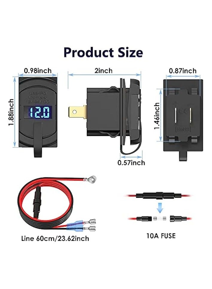 USB C Car Charger Socket Rocker Style Switch Replacement, Dual PD and QC3.0 12V/24V Panel Mount USB Outlet with LED Voltmeter for Boat Marine Truck Bus Off Road Vehicles RV Golf Cart, etc.