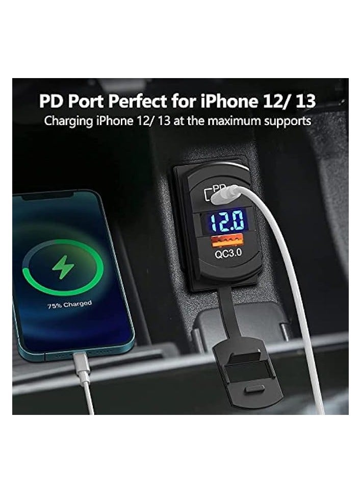 USB C Car Charger Socket Rocker Style Switch Replacement, Dual PD and QC3.0 12V/24V Panel Mount USB Outlet with LED Voltmeter for Boat Marine Truck Bus Off Road Vehicles RV Golf Cart, etc.