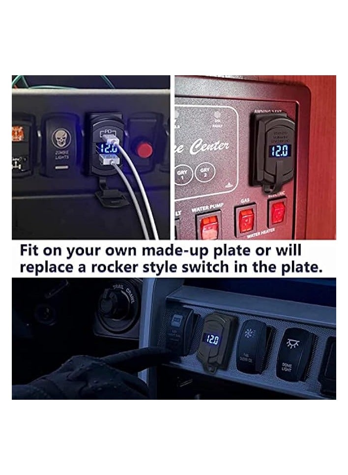 USB C Car Charger Socket Rocker Style Switch Replacement, Dual PD and QC3.0 12V/24V Panel Mount USB Outlet with LED Voltmeter for Boat Marine Truck Bus Off Road Vehicles RV Golf Cart, etc.