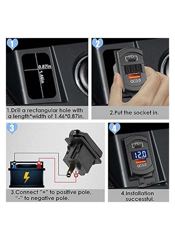 USB C Car Charger Socket Rocker Style Switch Replacement, Dual PD and QC3.0 12V/24V Panel Mount USB Outlet with LED Voltmeter for Boat Marine Truck Bus Off Road Vehicles RV Golf Cart, etc.