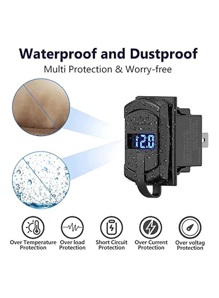 USB C Car Charger Socket Rocker Style Switch Replacement, Dual PD and QC3.0 12V/24V Panel Mount USB Outlet with LED Voltmeter for Boat Marine Truck Bus Off Road Vehicles RV Golf Cart, etc.