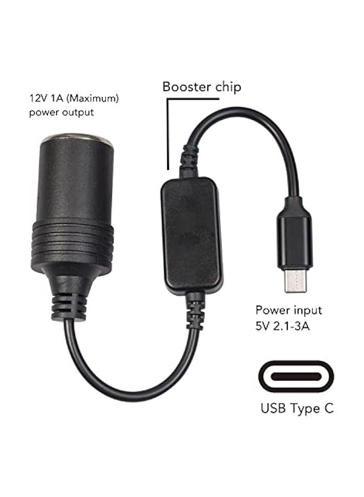 5V USB C Male to 12V Car Cigarette Lighter Socket Female Power Converter Cable, Power Adapter for Car Charger, MP3 Player, Telephone, Razor, Driving Recorder, Electronic Dog