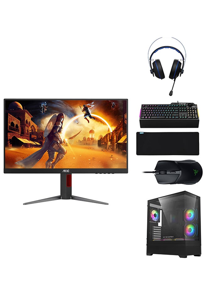 Monitor + Gaming PC Bundle - Intel Core i5-12400F, DDR4 32GB (2*16) 3600MHz Ram, 1TB NVMe M.2 SSD, RTX 3050 OC Edition 6GB GDDR6, 2 Fan AIO Liquid Cooler, 650W PSU, Windows 11 Pro + Razer Cobra Gaming Mouse + ASUS TUF K1 Membrane Gaming Keyboard + Asus Cerberus V2 Gaming Headset + HP MP9040 Mouse Pad + AOC 24 Inch IPS FHD 180Hz, 1ms, HDR10, HDMI 2.0, DisplayPort, Height Adjustable Stand - 24G4 Gaming Monitor Red/Black