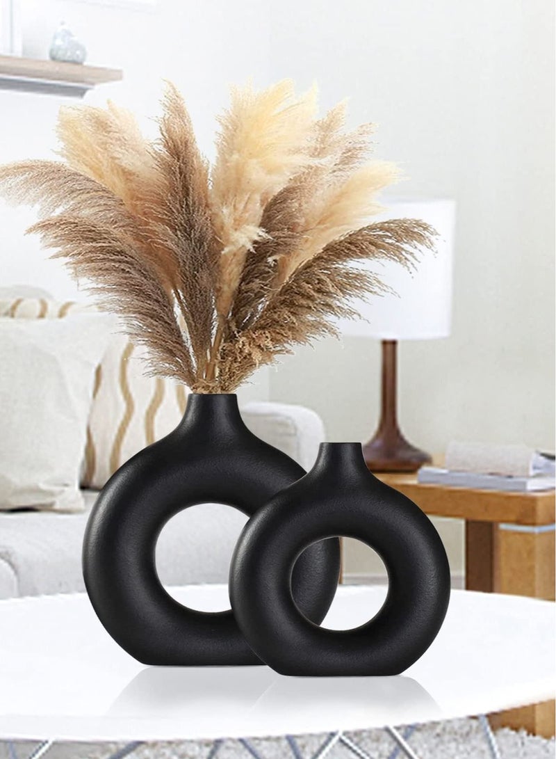 2 Pcs Black Donut Ceramic Vase Nordic Minimalism Style Hollow Flower Vase for Pampas Grass Dried Flowers 18*19 cm and 21*23cm