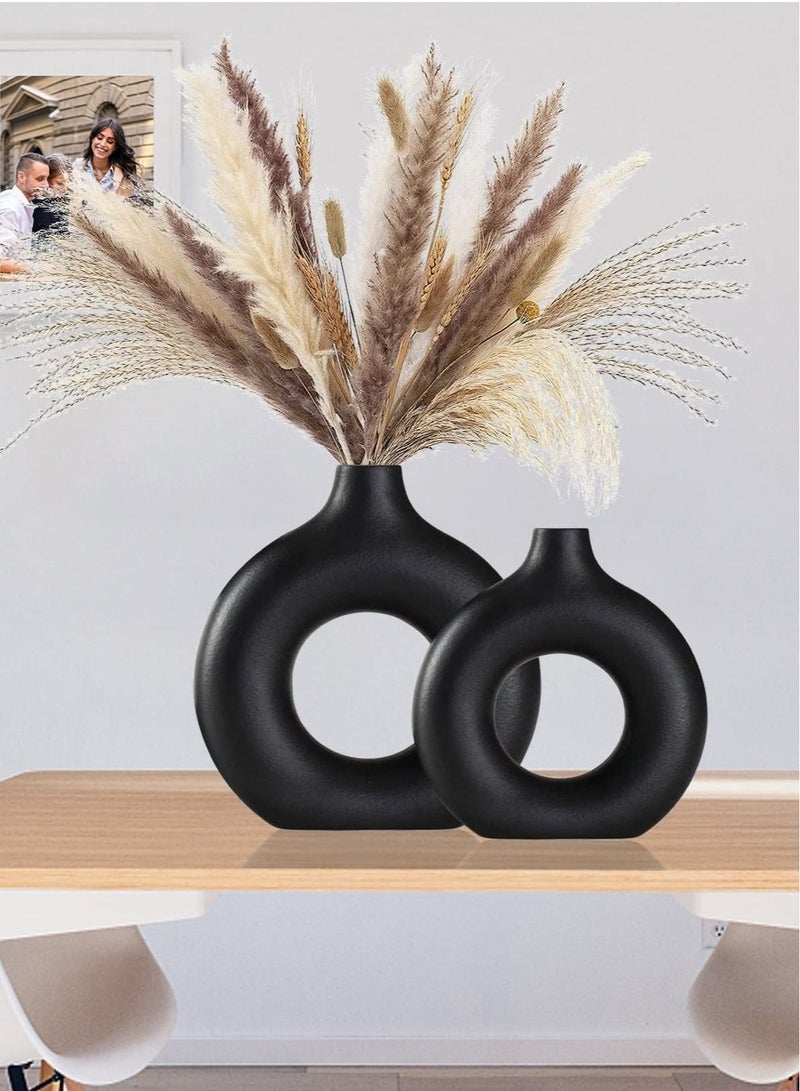 2 Pcs Black Donut Ceramic Vase Nordic Minimalism Style Hollow Flower Vase for Pampas Grass Dried Flowers 18*19 cm and 21*23cm