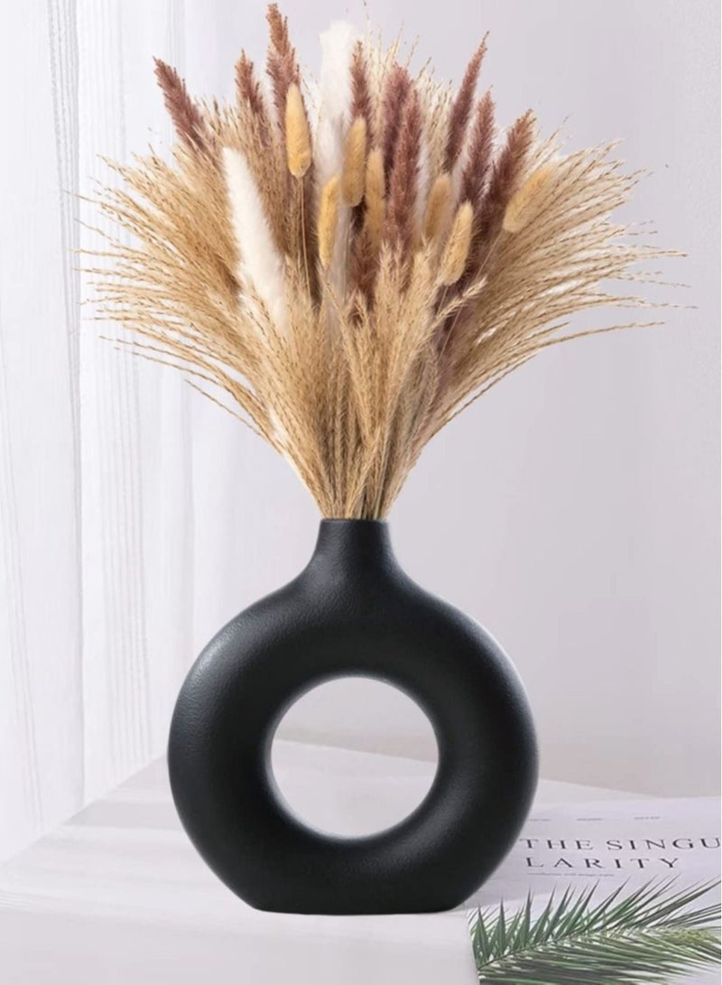 2 Pcs Black Donut Ceramic Vase Nordic Minimalism Style Hollow Flower Vase for Pampas Grass Dried Flowers 18*19 cm and 21*23cm