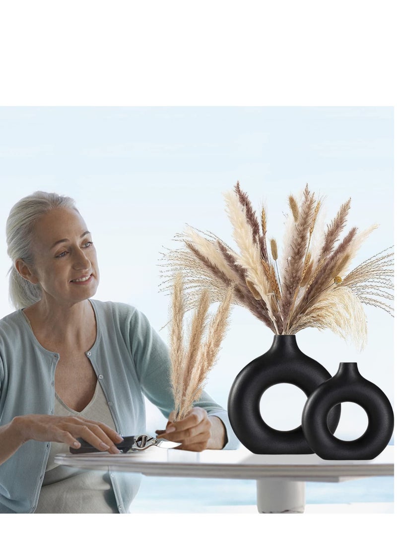 2 Pcs Black Donut Ceramic Vase Nordic Minimalism Style Hollow Flower Vase for Pampas Grass Dried Flowers 18*19 cm and 21*23cm