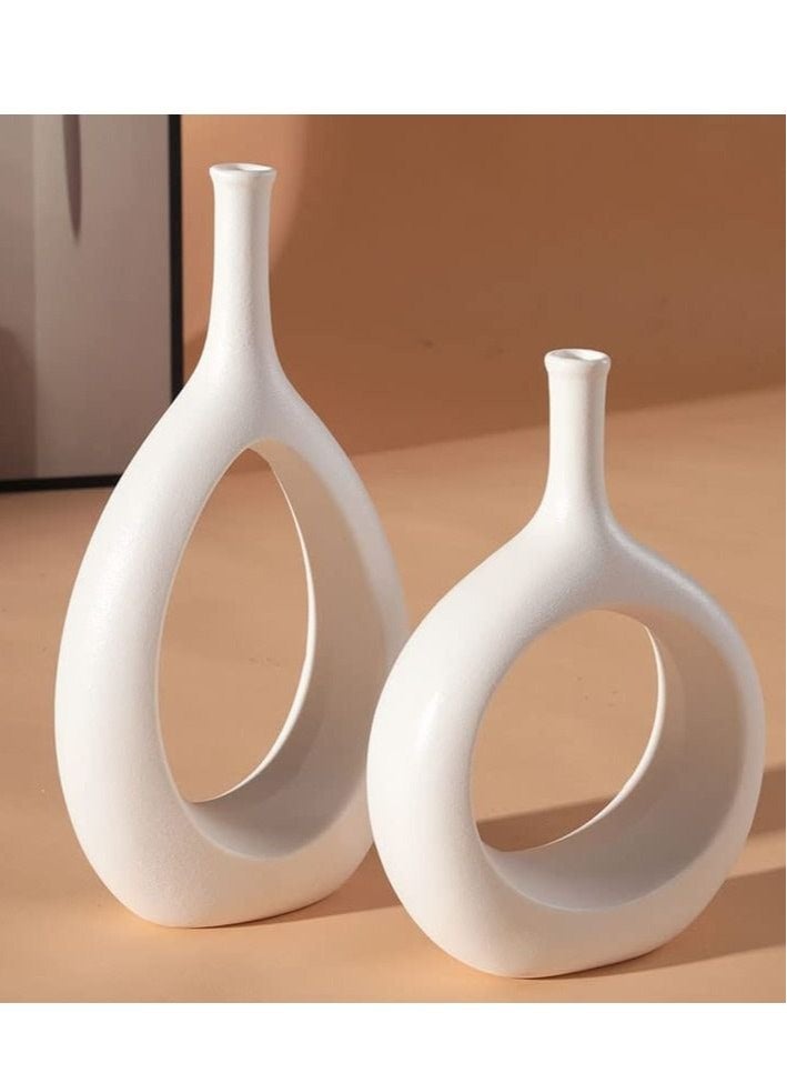 Set of 2 Simple White Ceramic Flower Vase for Home Decor Zen Vases Unique Hollow Geometric Bud Vases for Living Room Bedroom Dining Table