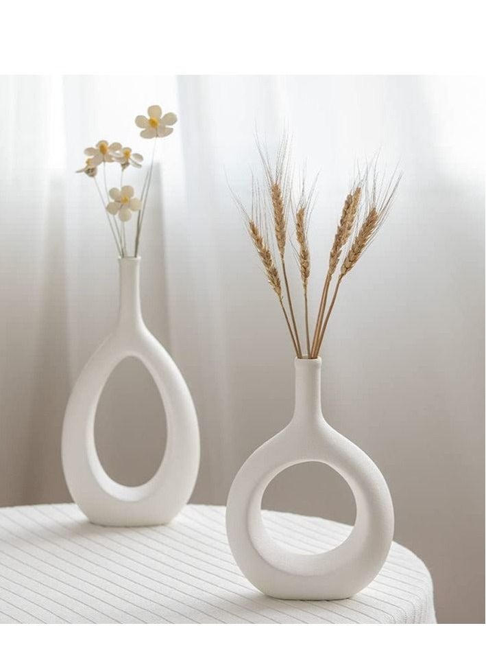 Set of 2 Simple White Ceramic Flower Vase for Home Decor Zen Vases Unique Hollow Geometric Bud Vases for Living Room Bedroom Dining Table