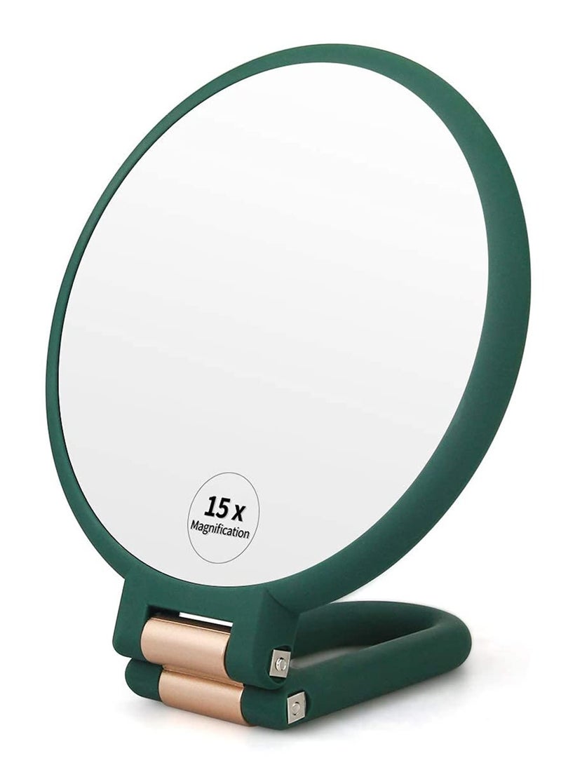 Magnifying Hand Held Mirror, Double Side Folding Hand Mirror for Women with Adjustable Handle, Travel Table Desk Shaving Bathroom Cosmetic Mirrors Handheld Portable for Travel 1X 15X (Green)