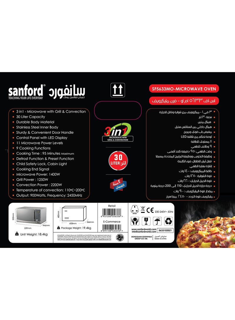 SANFORD MICROWAVE OVEN 30.0 LT WITH CONVECTION 30 L 2200 W SF5633MO BS Silver