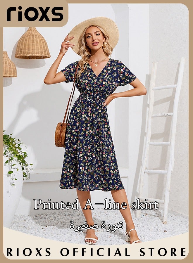 Women's V Neck Short Sleeve Chiffon Summer Beach Dress Floral Printed A-Line Casual Elastic Waist Midi Dress