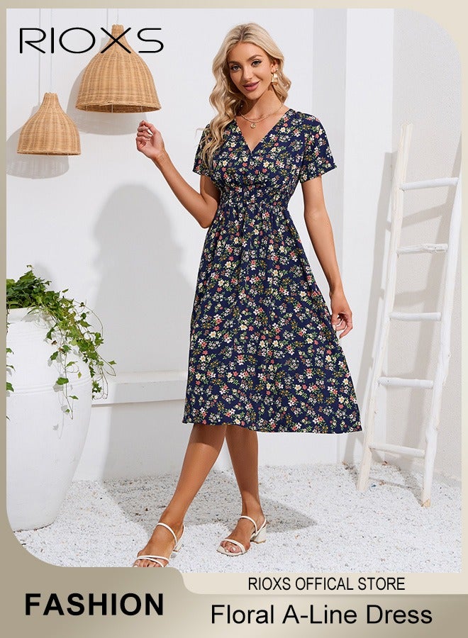 Women's V Neck Short Sleeve Chiffon Summer Beach Dress Floral Printed A-Line Casual Elastic Waist Midi Dress