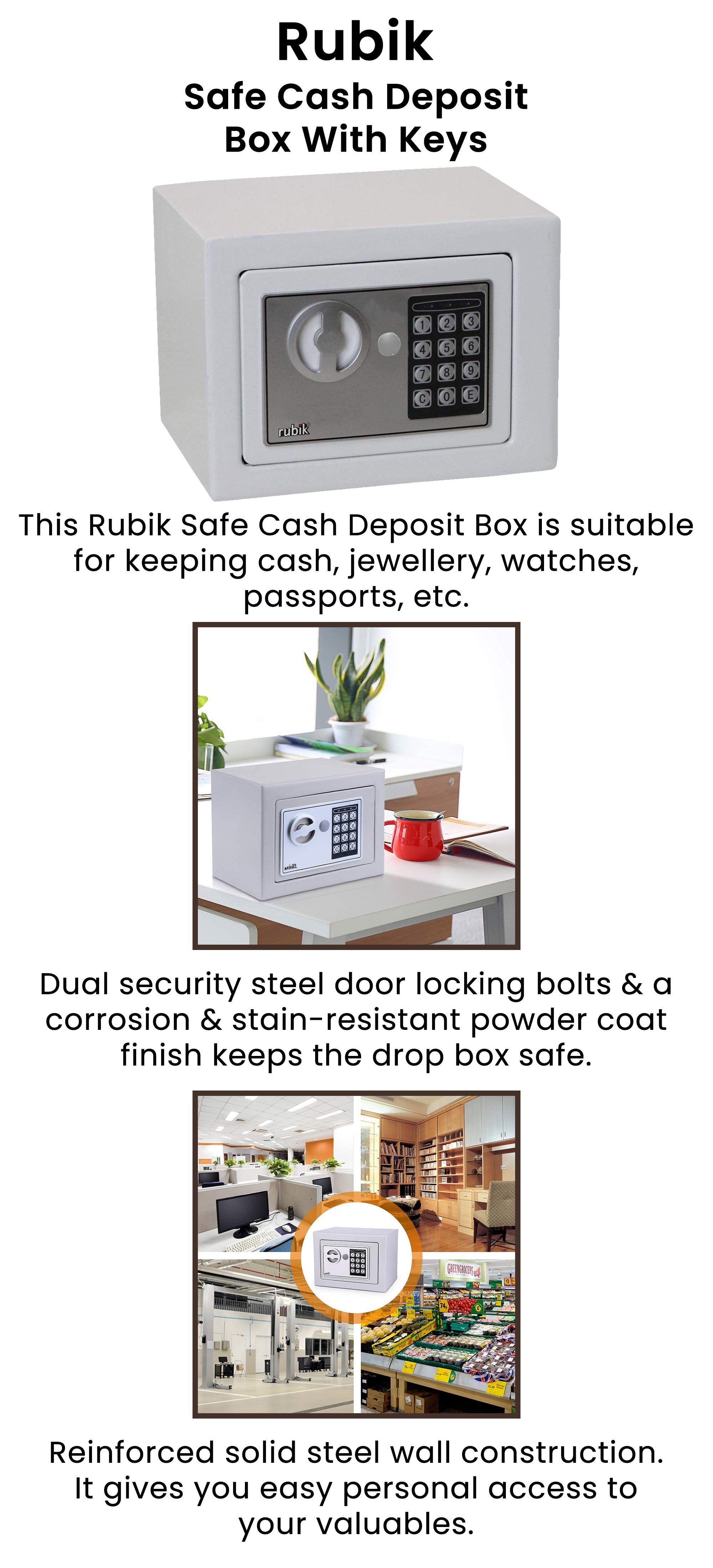 Electronic Digital Battery Operated Safe Deposit Box With Pin Keypad And Emergency Override Keys White 23x17x17cm