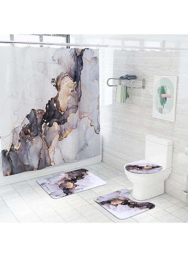 4-Piece Marble Toilet Cover Floor Non-Slip Mat And Shower Curtain Set Multicolour 180x180cm