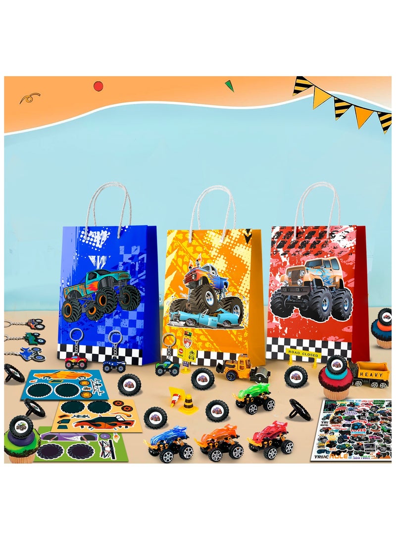 Monster Truck Favors, 110pcs Monster Truck Party Favors Including Monster Truck Theme Keychain Bags Stickers Toys Ring etc Monster Truck Birthday Party Favors for Boys Kids