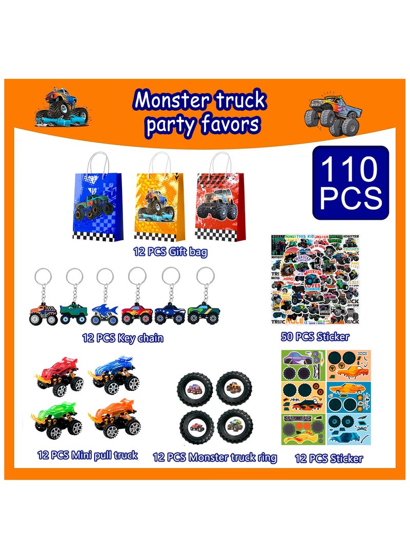 Monster Truck Favors, 110pcs Monster Truck Party Favors Including Monster Truck Theme Keychain Bags Stickers Toys Ring etc Monster Truck Birthday Party Favors for Boys Kids