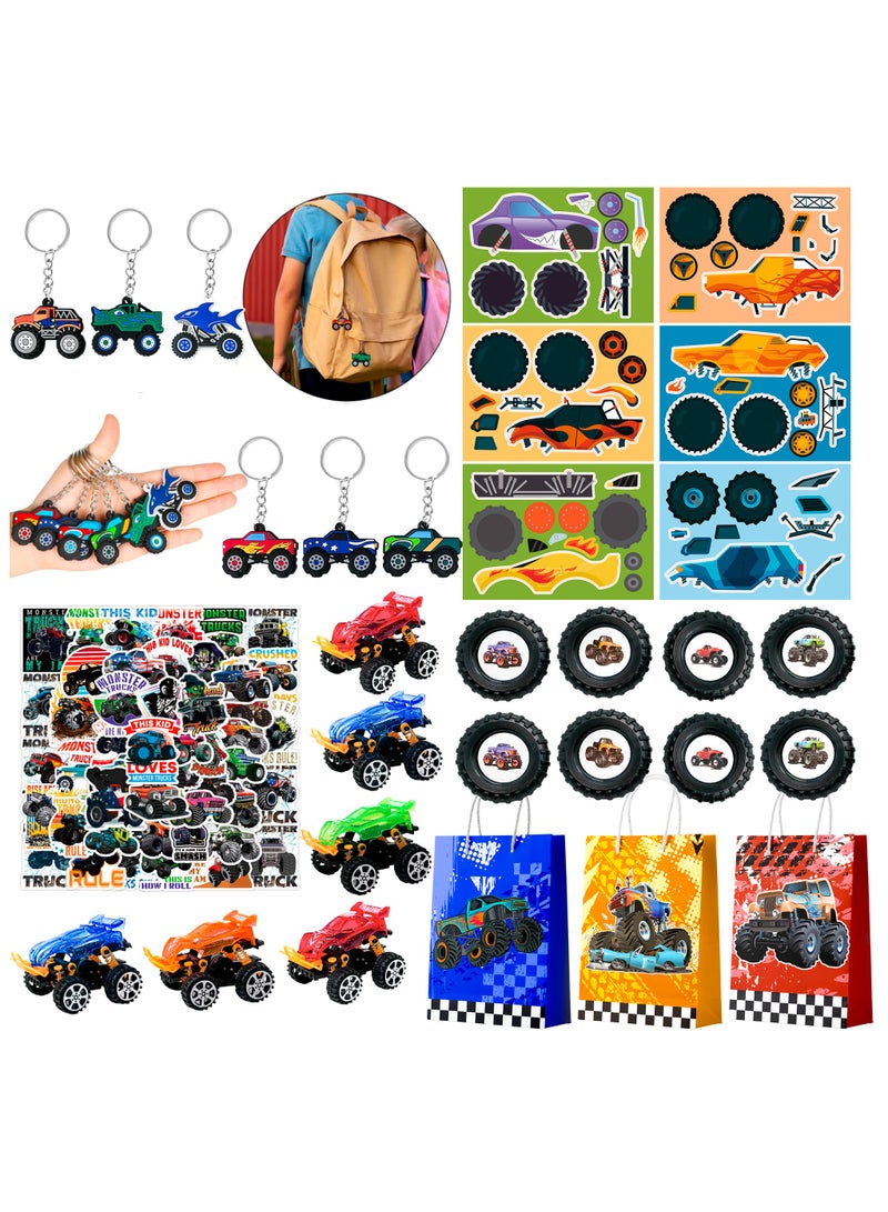 Monster Truck Favors, 110pcs Monster Truck Party Favors Including Monster Truck Theme Keychain Bags Stickers Toys Ring etc Monster Truck Birthday Party Favors for Boys Kids