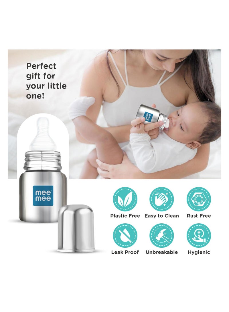 Mee Mee Baby Steel Feeding Bottle 120ml | Baby Milk Bottle with Advanced Anti Colic Valve, BPA Free, Soft Silicone Teat, Wide Neck for Babies/Infants/Newborns of 0-2 Years