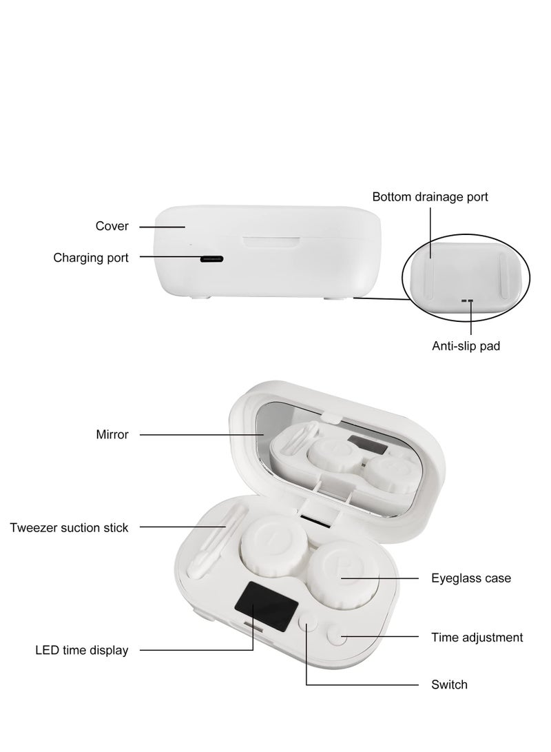 Portable Ultrasonic Contact Lens Cleaner Machine with USB Charger and LED Display for Quick and Gentle Cleaning of Soft and Hard Lenses - Ideal for Daily Care (White)